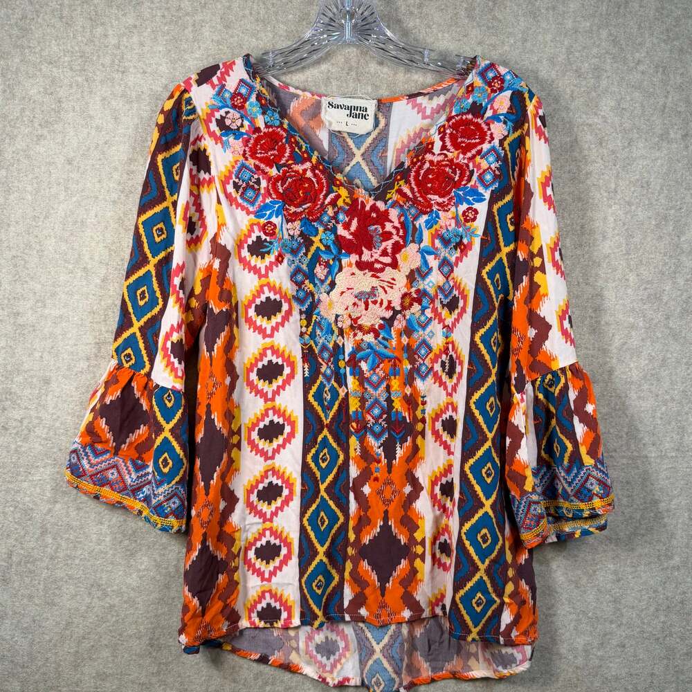 Savanna Jane - Embroidered Boho Tunic Top Geometric Aztec Bell Sleeve Size Large